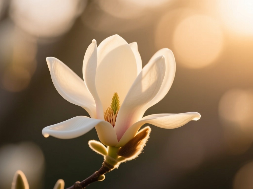 A single magnolia blossom in golden hour light, petals unfurling against soft bokeh background, symbolizing scent revelation and discovery, warm pastel tones, minimalist composition.
