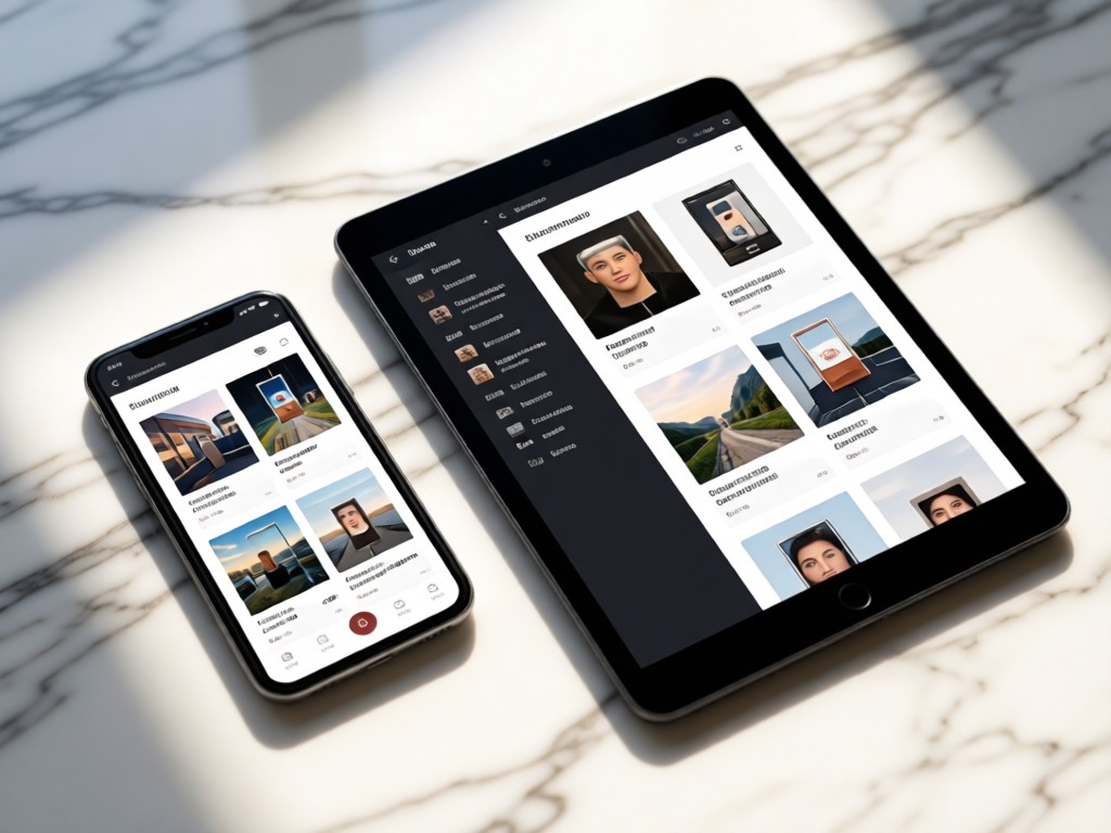 A smartphone and tablet on a marble surface, both showing identical portfolio layouts. Soft daylight highlights seamless screen adaptation. No people.