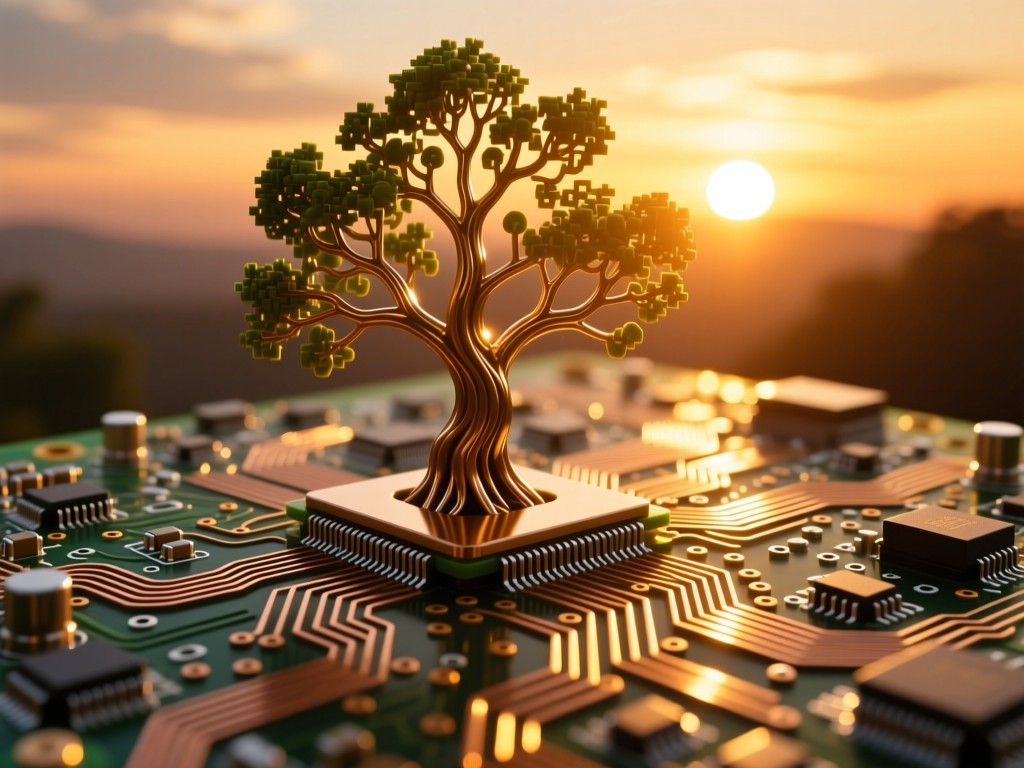 Circuits forming a growing tree on a circuit board at sunset, golden light reflecting on copper pathways, symbolizing organic growth, no text, warm metallic tones.