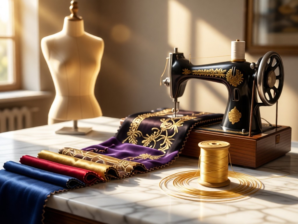 A curated arrangement of luxury fabric swatches and a vintage sewing mannequin bathed in afternoon sun. Soft focus on a spool of golden thread. Clean marble surface. No people.