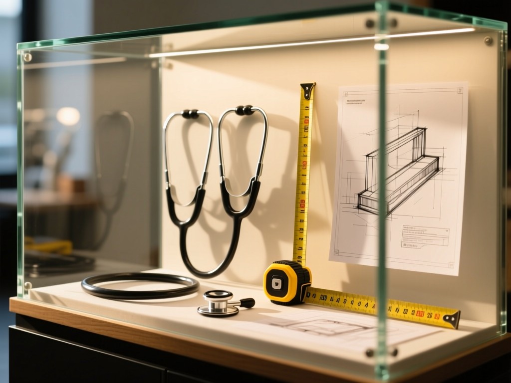 A clean glass display case showing professional service tools (stethoscope, measuring tape, design sketches) in warm sunlight. Selective focus with shallow depth of field. No people.