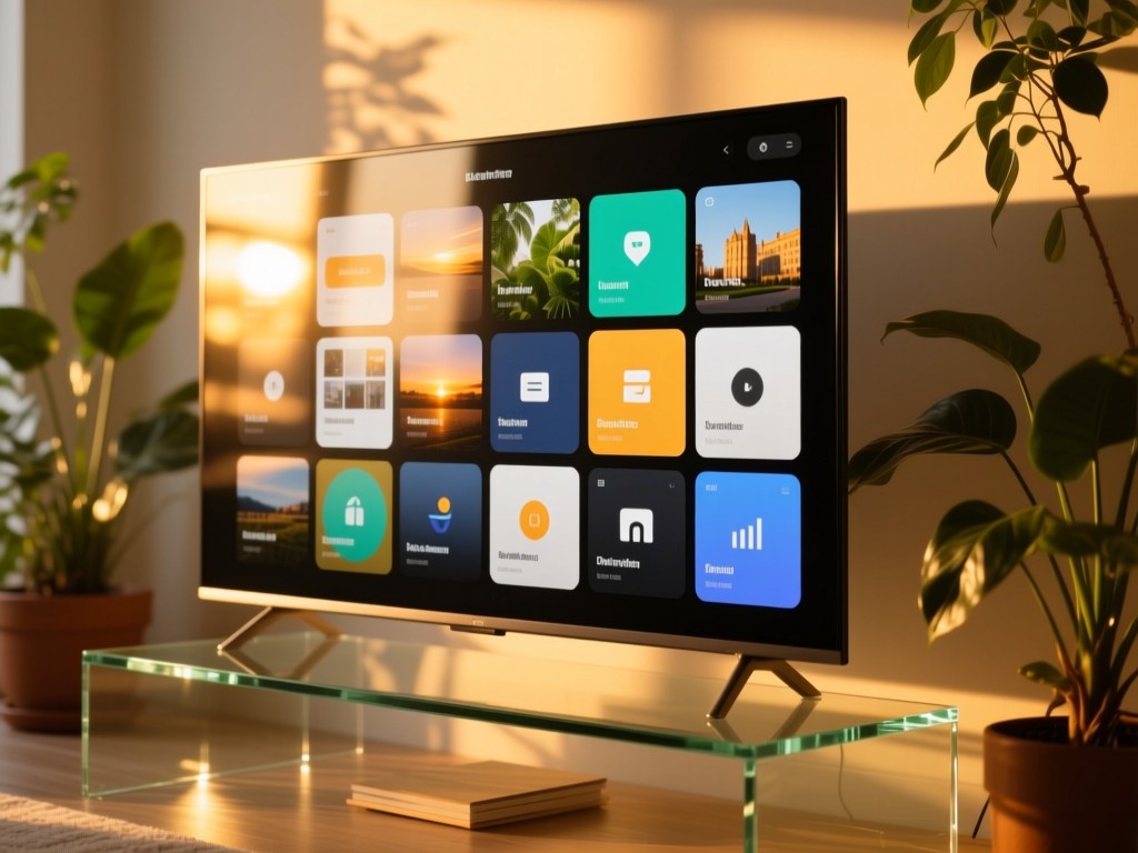 A modern TV screen displaying organized content tiles during golden hour, soft sunlight reflecting on a minimalist glass stand, plants in background, warm natural lighting, no visible text.