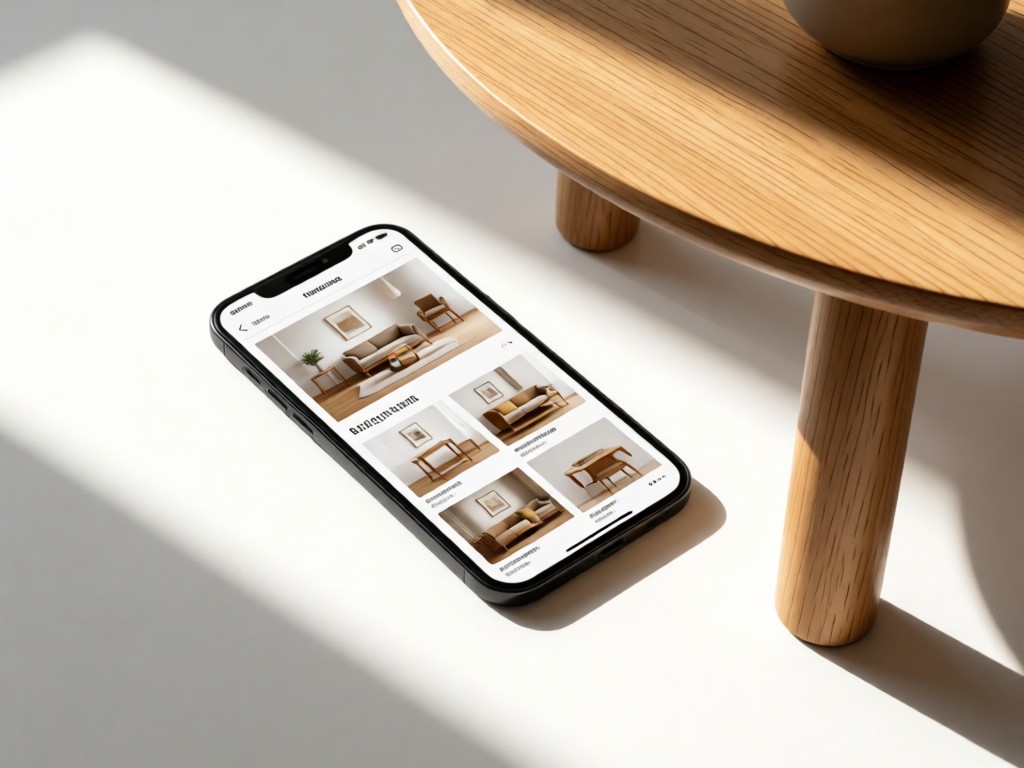 A smartphone displaying a furniture portfolio beside a minimalist coffee table setup. Sunlight highlights the screen and natural wood grain. Soft shadows create depth on a white surface.