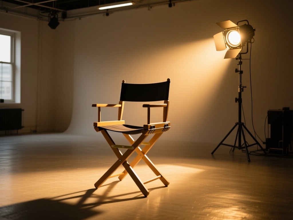Golden hour shot of a single spotlight shining on an empty director's chair in a spacious studio. Symbolizes focus on essential tools. Soft shadows create depth. No people.