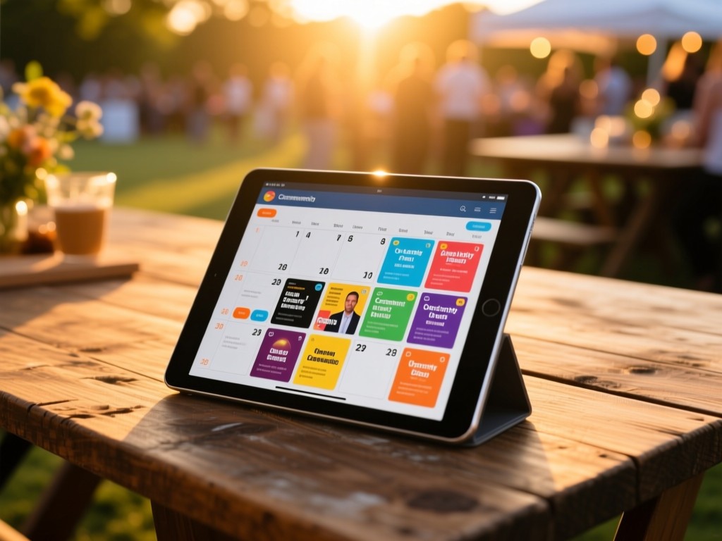A tablet displaying a vibrant community event calendar on a rustic wooden table during golden hour, sunlight highlighting upcoming event cards, shallow depth of field, warm tones, no people.