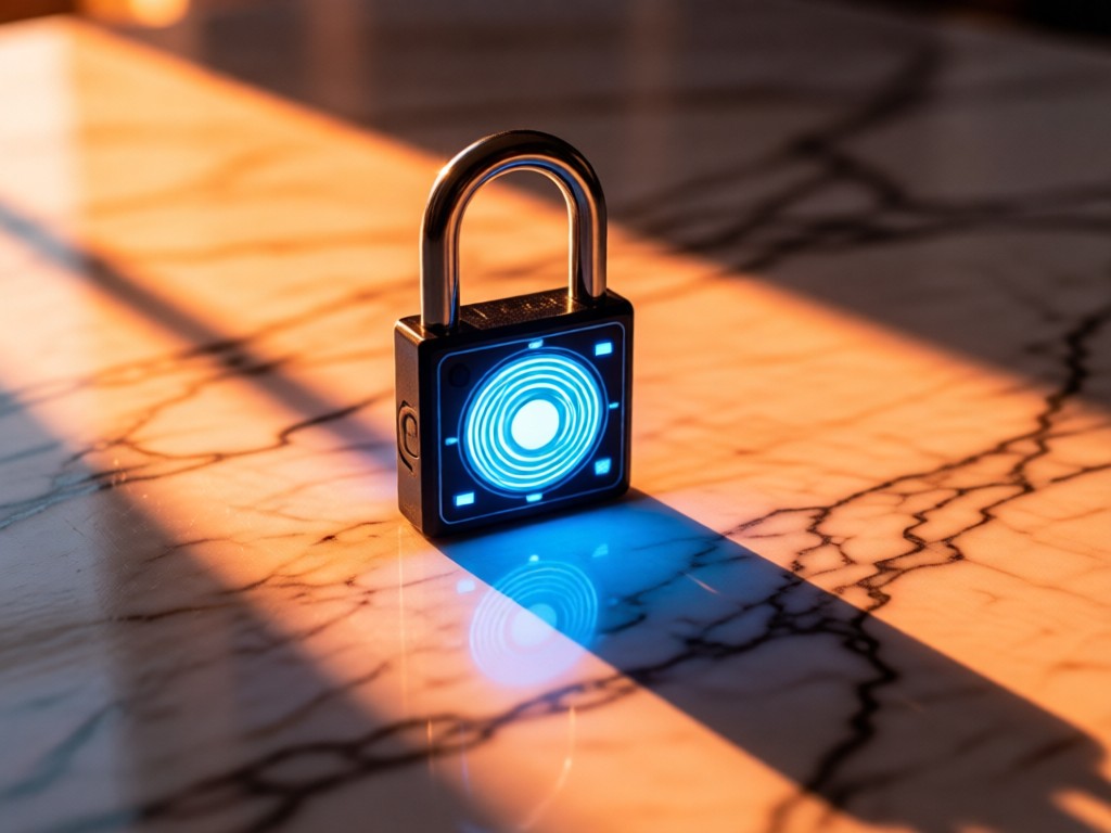 A close-up of a digital padlock glowing with soft blue light on a marble surface. Warm sunset light creates long shadows across the texture. No people.