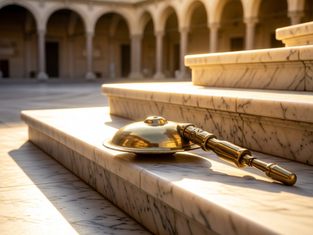 A single brass finger cymbal resting on sunlit marble steps in a courtyard. Symbolizes focus on essential dance tools. Golden hour glow. No people.