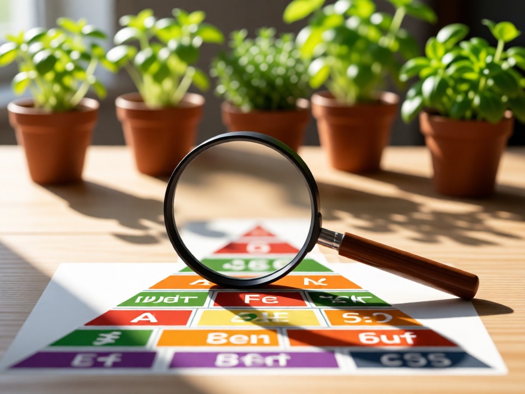 Magnifying glass resting on a food pyramid chart. Natural light creates soft shadows on a wooden surface. Background features blurred fresh herbs in small pots. No people.
