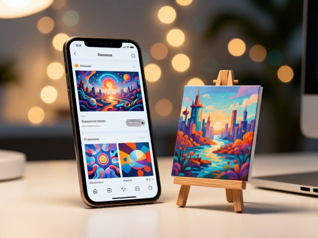 A smartphone displaying a digital art portfolio beside a miniature easel holding a tiny canvas. Soft focus background with bokeh lights. Clean desk aesthetic. No people.