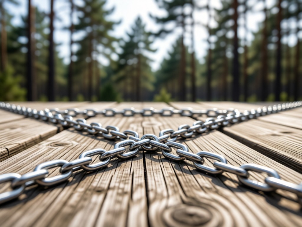 Interlinked silver chains on weathered wood in soft daylight. Shallow focus with pine trees blurred in distance. Symbolizes professional connections. No people.