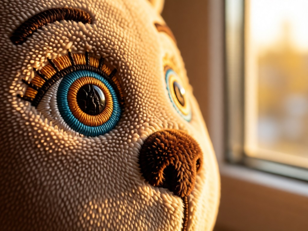 Macro shot of embroidered plush eyes and nose on minky fabric. Shallow depth of field emphasizes texture. Golden hour light from a window. No people.