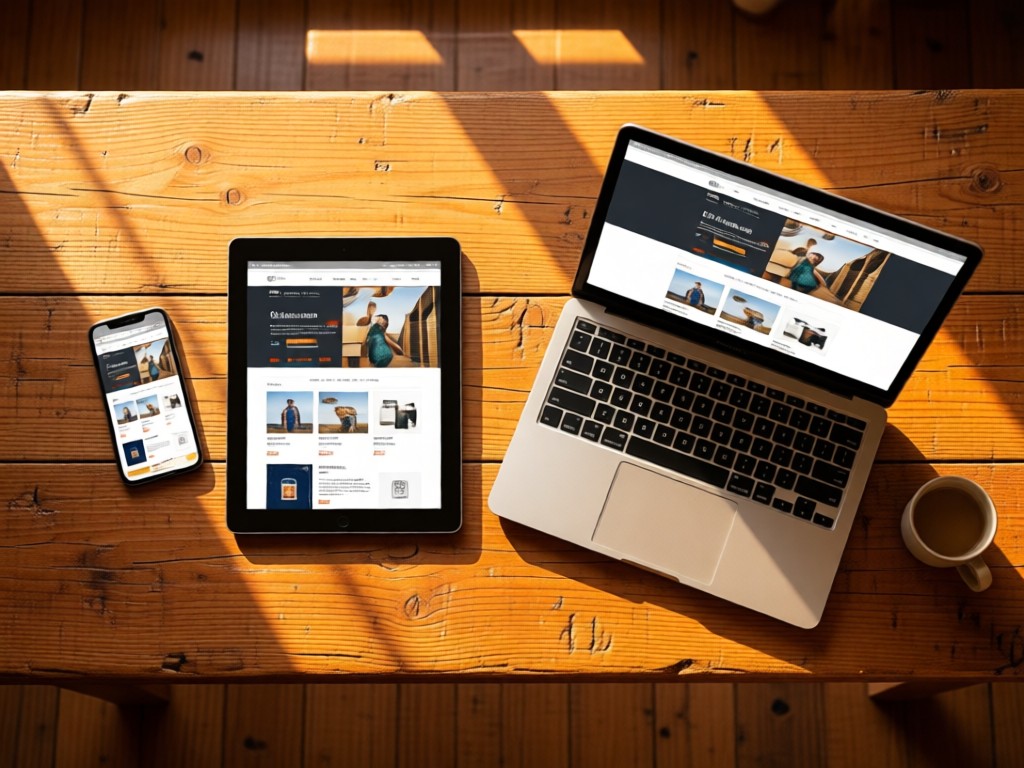 Overhead view of three synchronized devices (phone, tablet, laptop) showing identical product pages on a rustic wooden table. Golden hour light creates warm reflections.