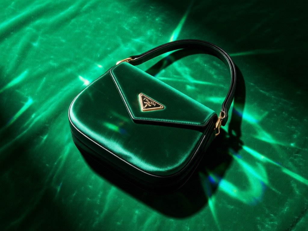 Aerial view of single Prada Cleo bag centered on emerald green velvet. Dramatic studio lighting creates jewel-like reflections. Symbolizes focus and premium presentation. No people.