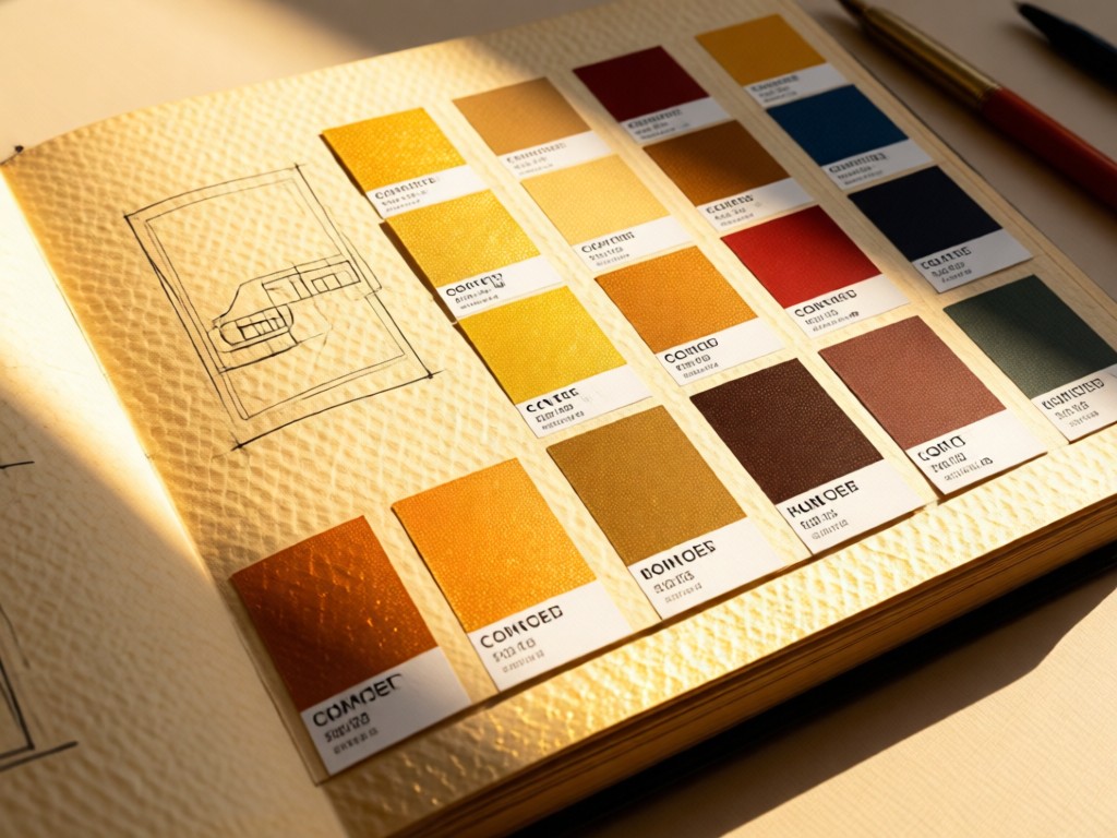 Curated color swatches and Pantone chips arranged beside a designer sketchbook. Soft shadows from afternoon sun. Warm golden tones on textured paper. No people.