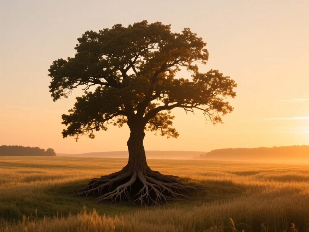 A lone oak tree standing resilient in a golden-hour field, its deep roots visible symbolizing journalistic integrity, warm sunset glow, minimalist composition.