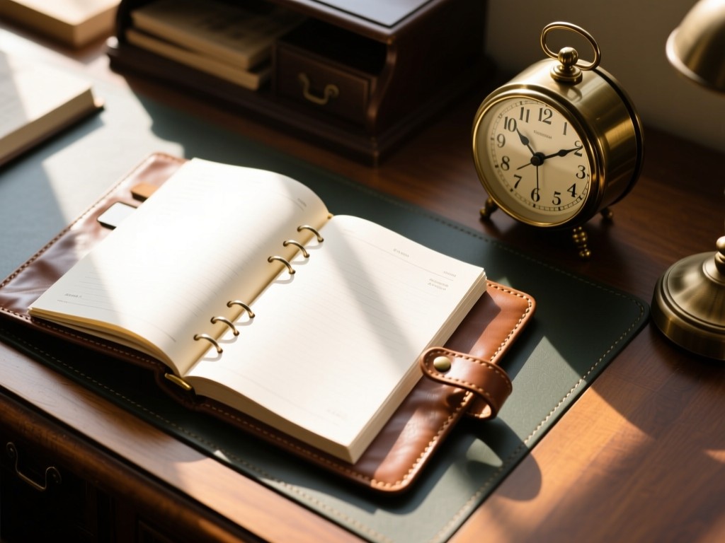 Overhead shot of an open leather-bound planner beside a vintage desk clock. Sunlight streams across the pages. Focus on the clean layout. No people.