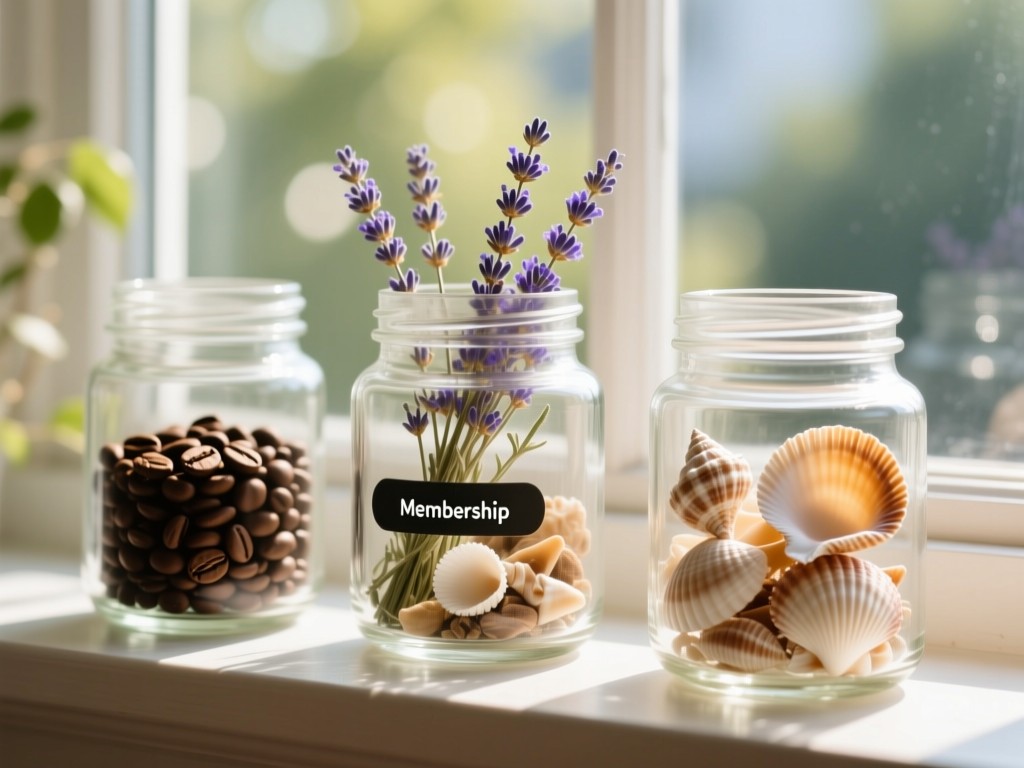 Three clear glass jars on a sunlit windowsill, each filled with distinct natural elements: coffee beans, dried lavender, and seashells. Representing tiered membership options. Soft bokeh background.