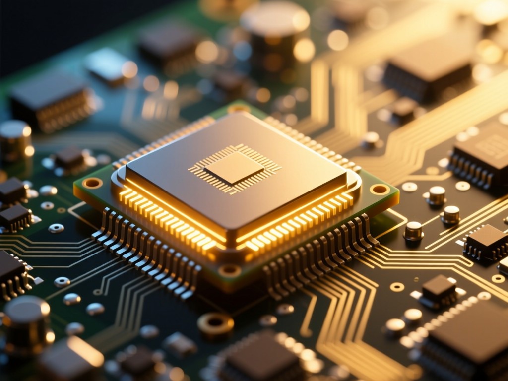 A single glowing CPU chip on a circuit board during golden hour, light refracting through its edges, symbolizing tech intelligence and processing power, minimalist tech aesthetic.