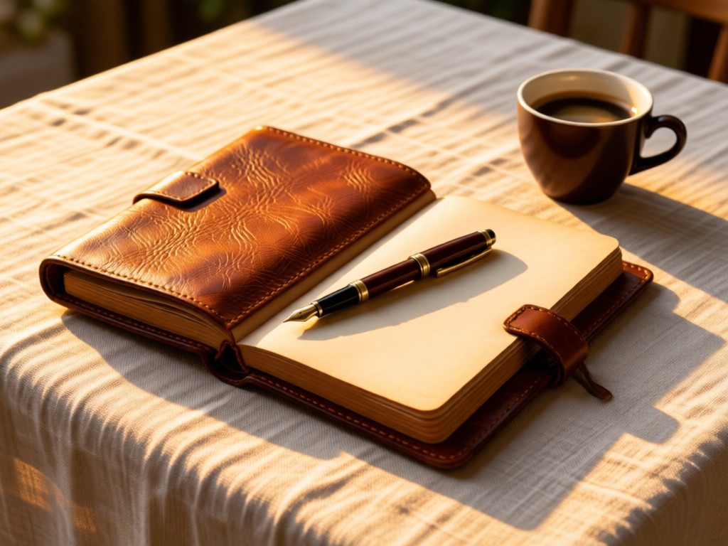 An open leather-bound diary with elegant pen on a linen tablecloth. Golden hour light highlights the texture. Nearby, a single espresso cup sits. Sophisticated and functional. No people.