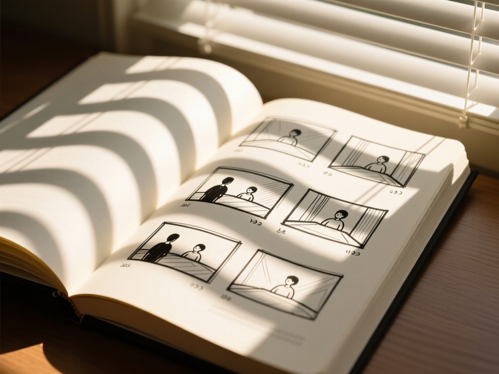A storyboard sketchbook open to sequential frames. Sunlight streams through window blinds, casting dynamic shadows across the pages. Focus on progression and clarity. No people.