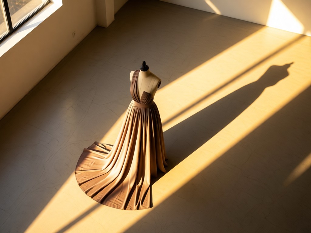 Aerial view of a single tailor's mannequin in a sunlit minimalist studio. Draped with elegant fabric, casting a long shadow. Symbolizes focus and craftsmanship. Golden hour lighting. No people.