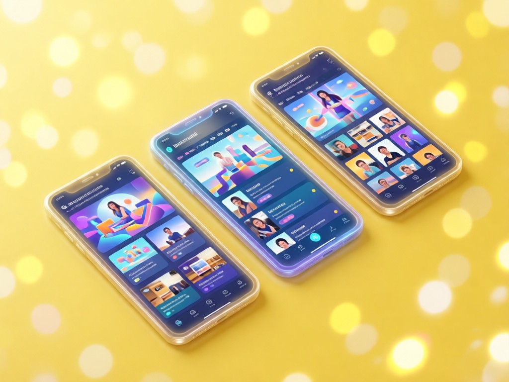 Three glowing smartphones displaying different portfolio layouts on a peeps-yellow background. Soft focus with bokeh light effects. No people.