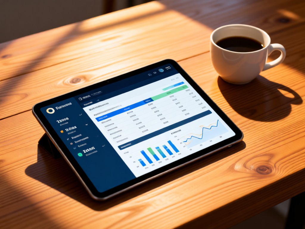 A tablet showing a clean order dashboard beside a coffee cup on a wooden desk. Warm sunlight creates soft shadows. Professional yet approachable. No people.