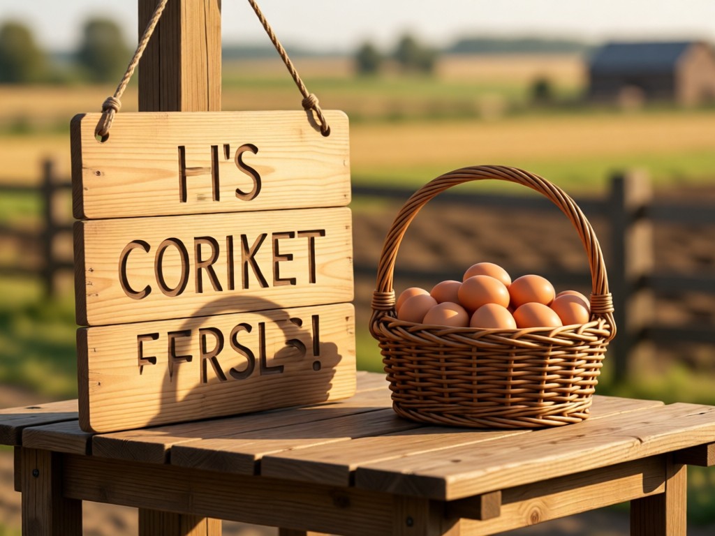 Aesthetic arrangement: wooden market stand sign beside a woven basket holding fresh eggs. Warm light casts long morning shadows. Background softly blurred to show farm fields. No people.