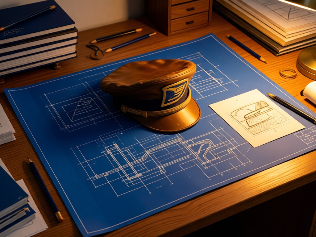 Aerial view of a postal cap resting on design blueprints. Golden hour light illuminates pencil sketches. Organized workspace symbolizes efficiency. Deep blues and warm woods. No people.