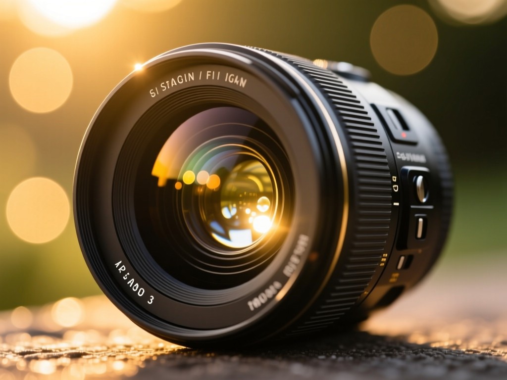 A single high-end camera lens facing golden-hour sunlight, internal glass elements glowing, shallow focus on bokeh circles symbolizing clarity and precision, no people.