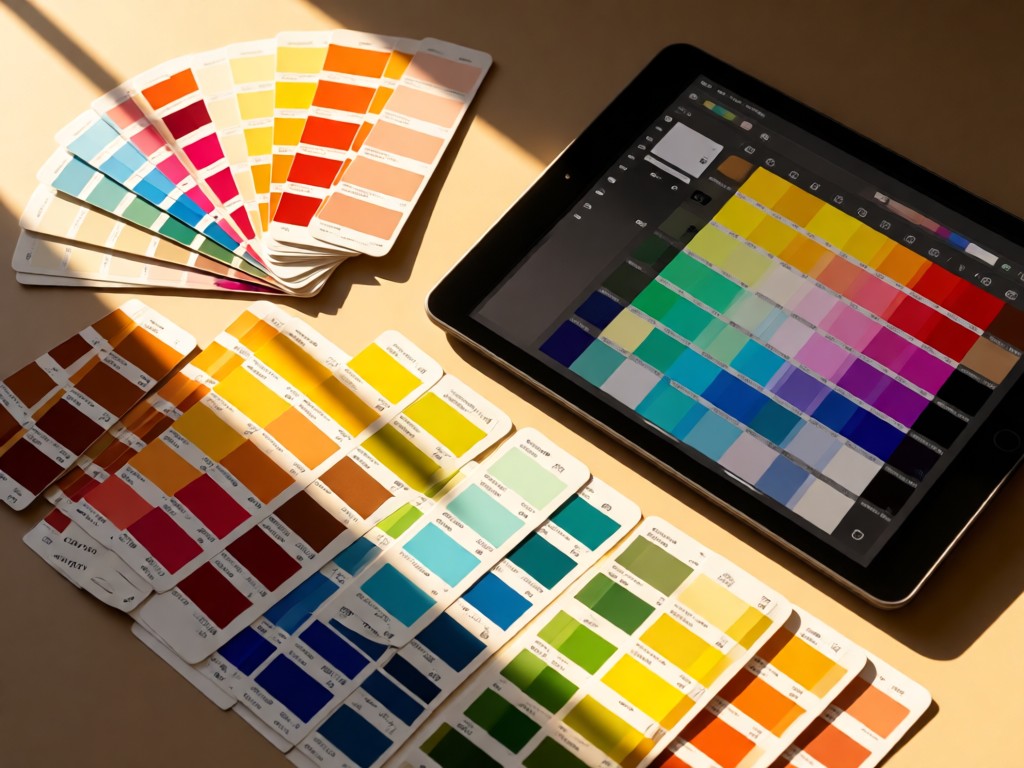 An angled view of paint swatches and Pantone chips arranged beside a digital tablet showing a color palette. Warm sunlight creates harmonious shadows. No people.
