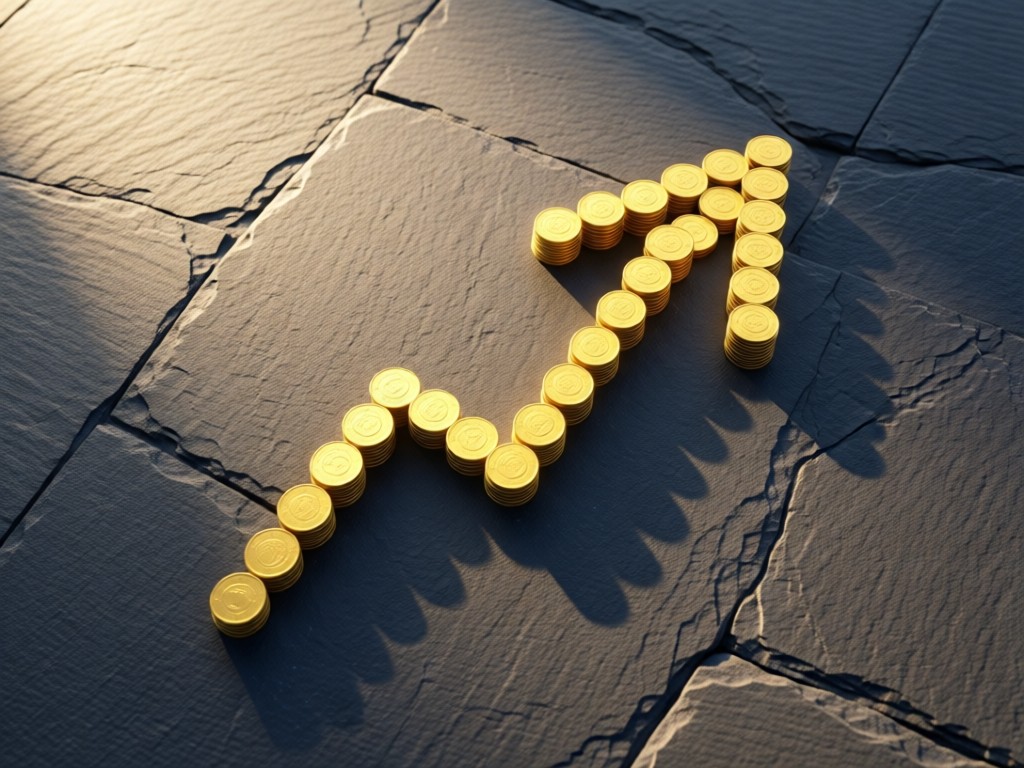 Aerial view of golden coins forming an upward arrow on a slate surface. Soft shadows from late afternoon sun. Minimalist and symbolic of growth. No text or people.