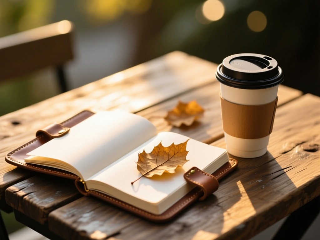 An open leather journal with pressed leaves beside a reusable coffee cup on a reclaimed wood table, golden hour light illuminating blank pages, soft bokeh background.