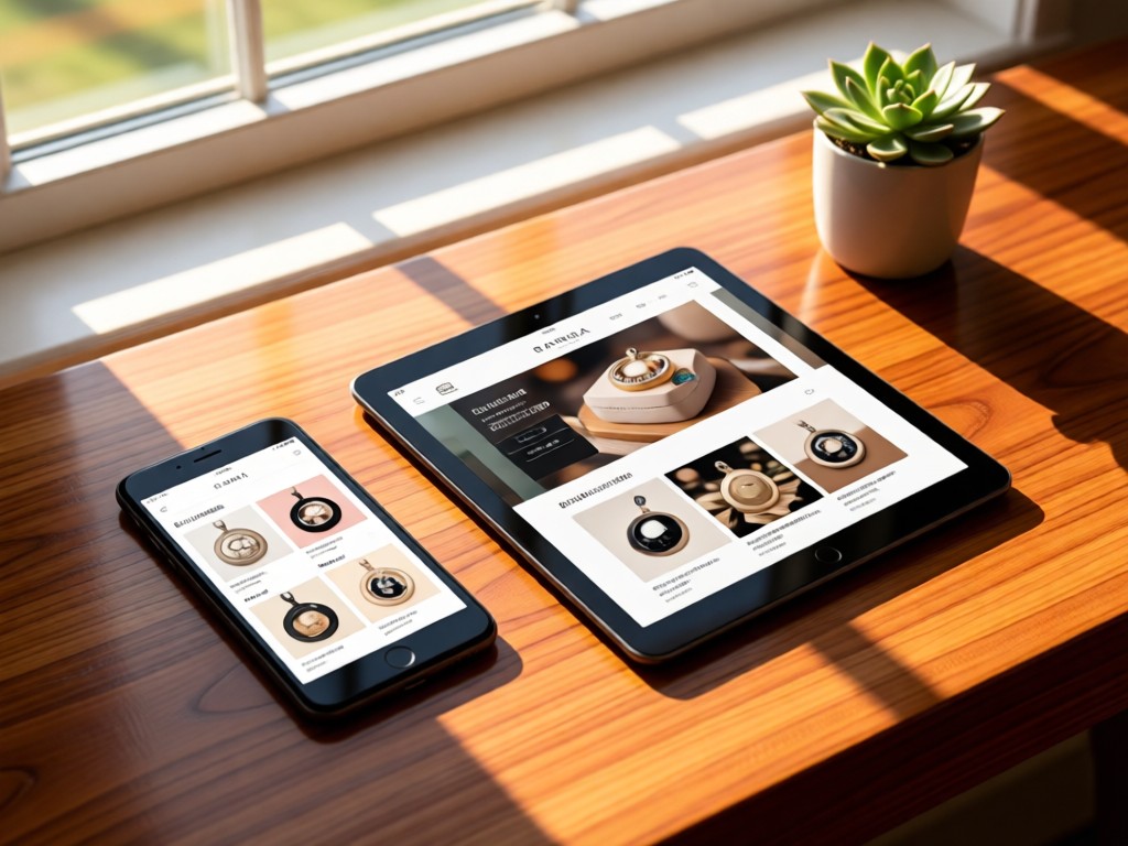 Smartphone and tablet on a polished wood surface, both displaying Pandora product pages. Natural light from nearby window creates warm reflections. Minimalist setup with a small succulent. No people.