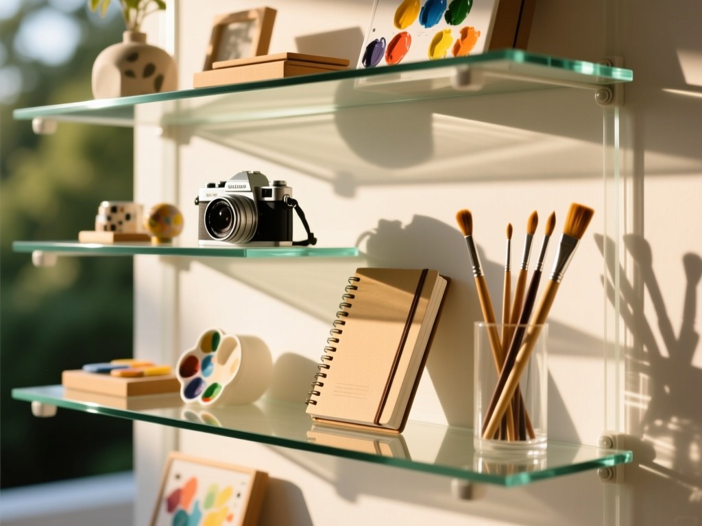 A minimalist glass display shelf in afternoon sun, holding diverse creative items (camera, notebook, paintbrush), soft shadows, warm highlights, blurred natural background.