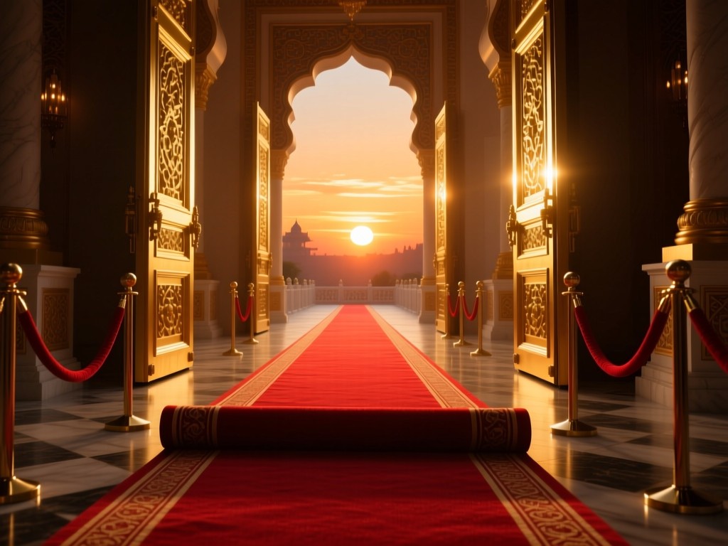 A rolled red carpet unfurling toward sunset-lit palace doors, golden light emphasizing texture, deep perspective, symbolic of opportunity and exclusivity, no people.