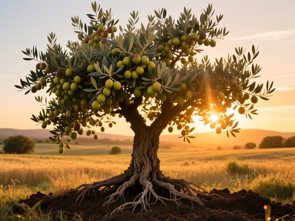 Single robust olive tree in golden-hour field, branches heavy with fruit symbolizing abundant growth, warm sunset glow, deep roots visible in soil.