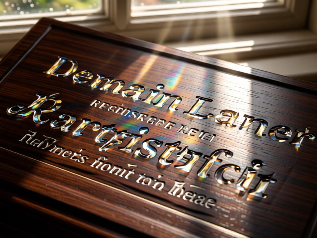 Close-up of a crystal-etched domain registration certificate on dark walnut wood. Sunlight highlights engraved typography through a window. No people.