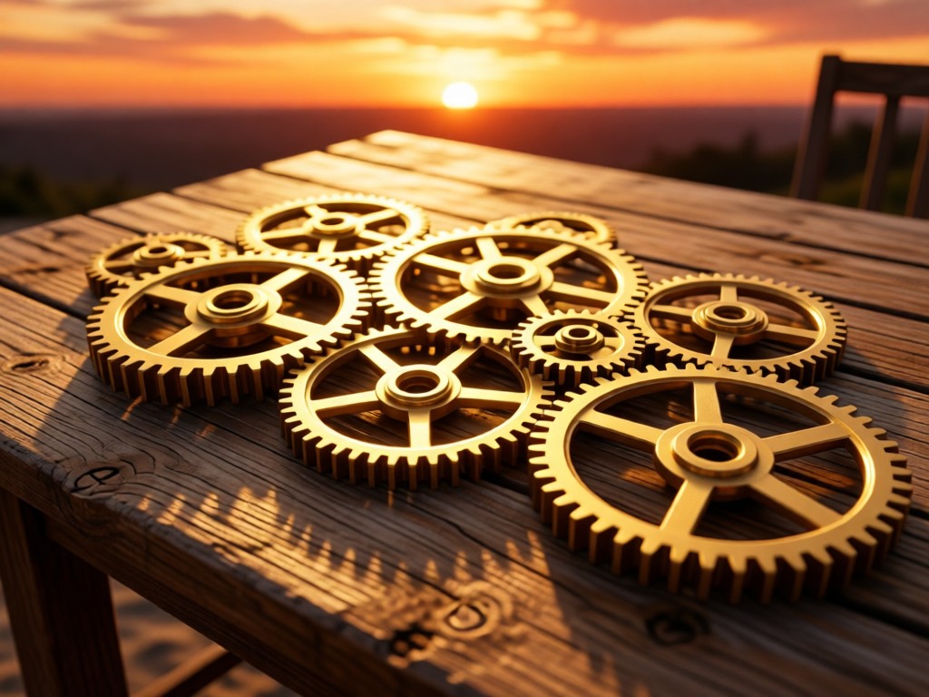 Interlocking golden gears on a rustic wooden table at sunset. Warm light highlights intricate mechanics. Represents seamless integration. No people.