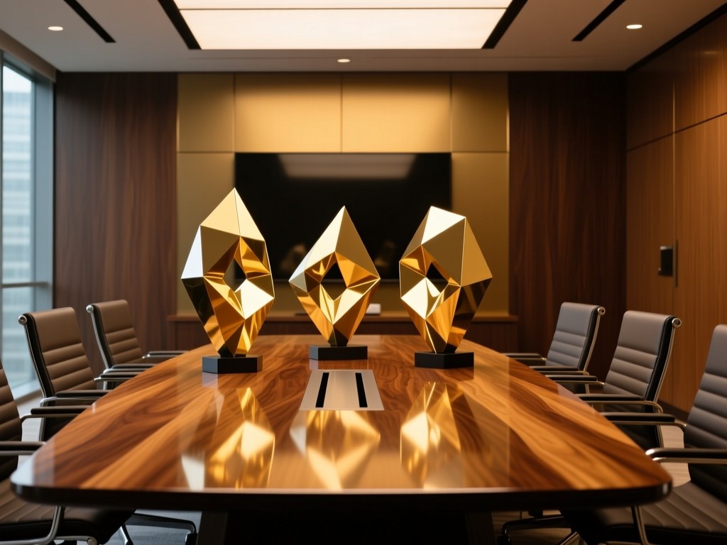 A modern conference room table with polished wood surface reflecting golden light. Three abstract geometric sculptures arranged like a conversation. Warm, professional ambiance. No people.