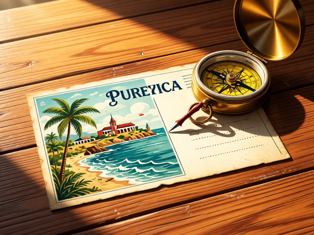 A vintage Puerto Rican postcard beside a compass on a sunlit wooden table. The compass needle points toward the postcard. No people.