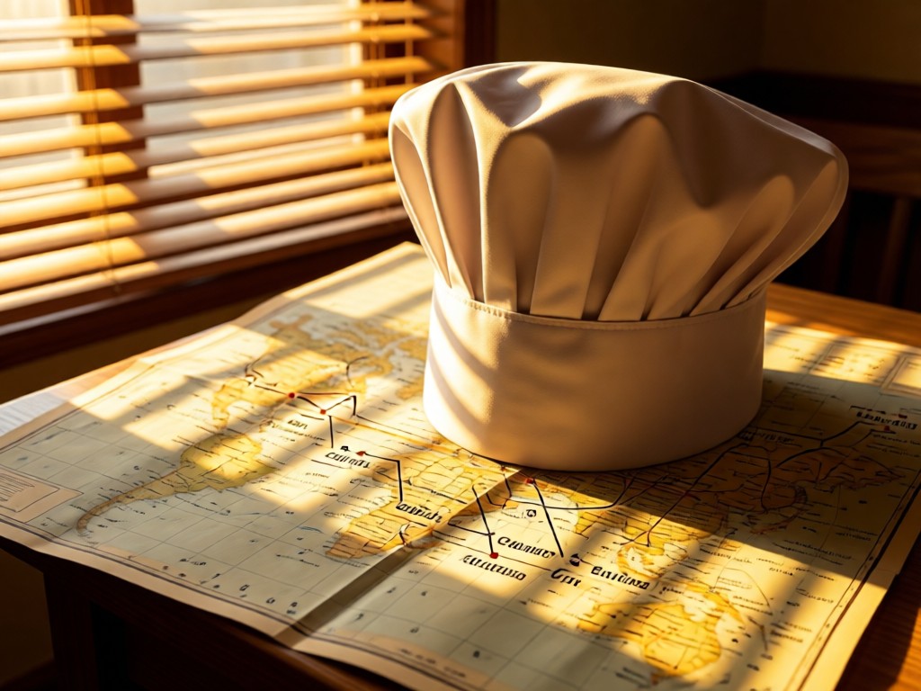 A chef's hat placed on a folded map with culinary destinations marked. Golden hour light creates depth through window blinds. No people.