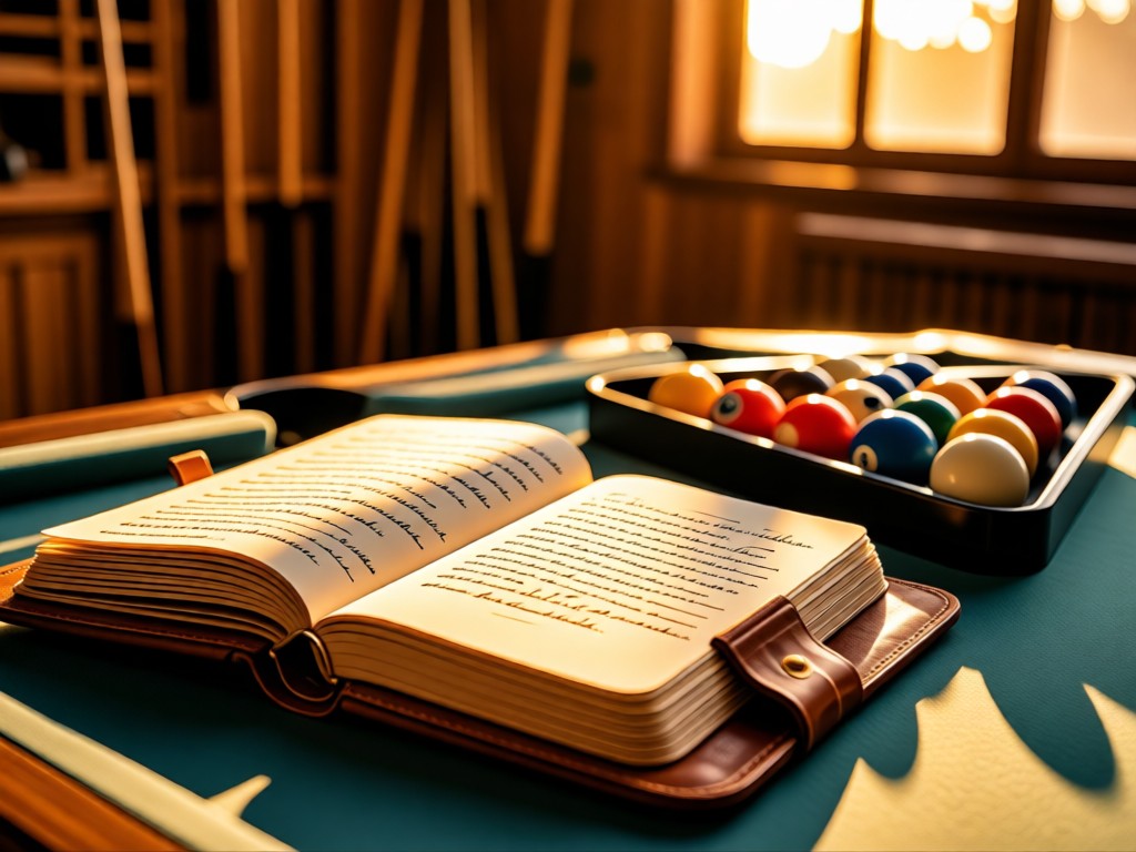 An open leather-bound journal displaying handwritten notes beside a pool ball set. Golden hour light creates warmth. Blurred background suggests a workshop. No people.