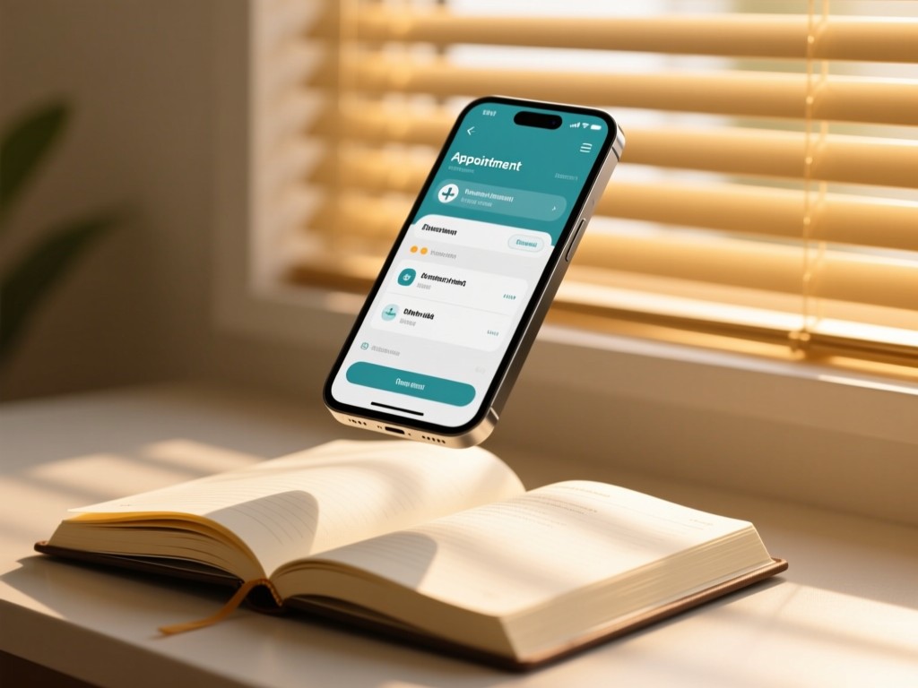A modern smartphone floating above an open appointment book with golden hour light streaming through window blinds, showing refreshed content on screen, minimalist medical aesthetic.