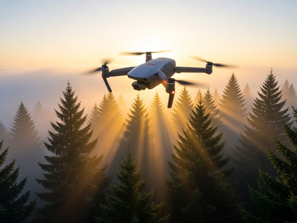 A single FPV drone hovering above misty pine trees at sunrise. Sun rays pierce fog, illuminating the drone's propellers. Symbolizes visibility and precision. No people.
