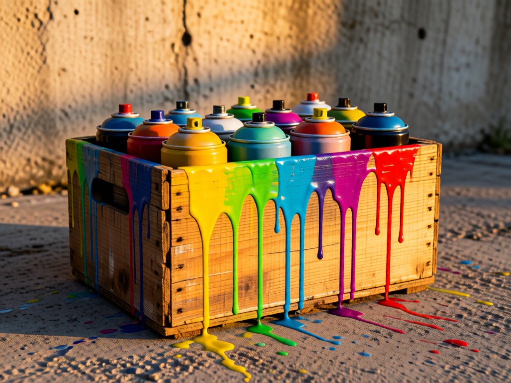 Spray paint cans on a weathered wooden crate. Vibrant drips of paint catching golden hour light. Concrete background. No people.