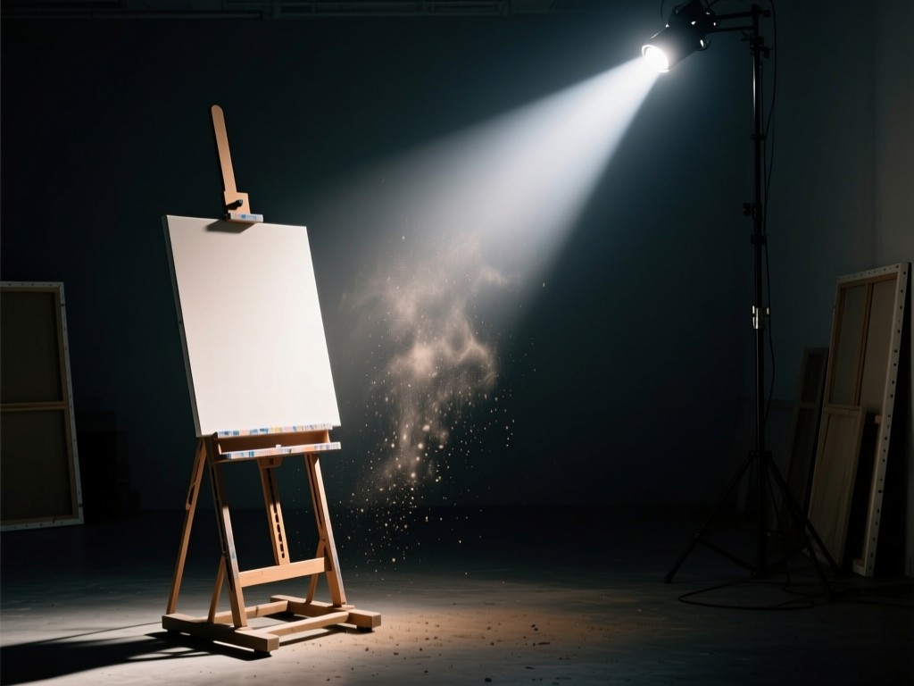 A single spotlight beam shining on an empty artist's easel in a dark studio, dust particles visible in the light, dramatic contrast, minimalist composition, no people or text.