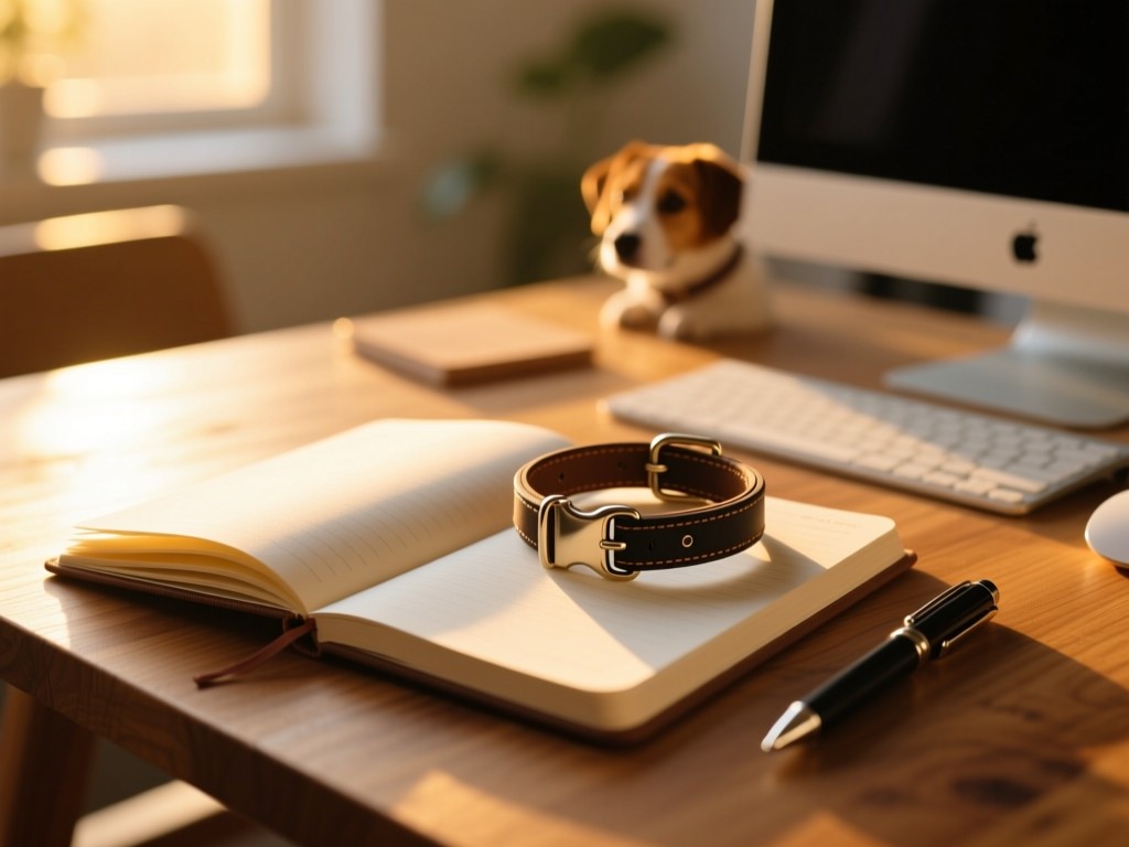 An open notebook with a dog collar and pen on a wooden table during golden hour, soft sunlight, warm tones, creative workspace, no text.