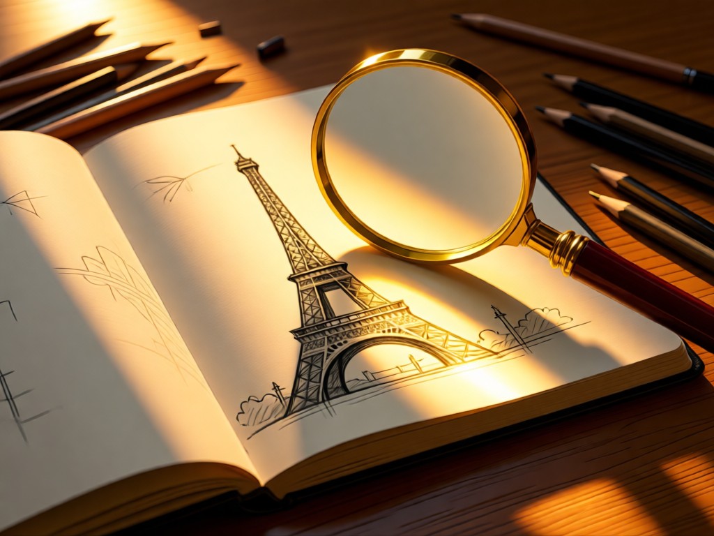 A magnifying glass focusing on Eiffel Tower sketch in an open notebook. Golden hour light streams across the page. Desk surface with scattered charcoal pencils. No people.