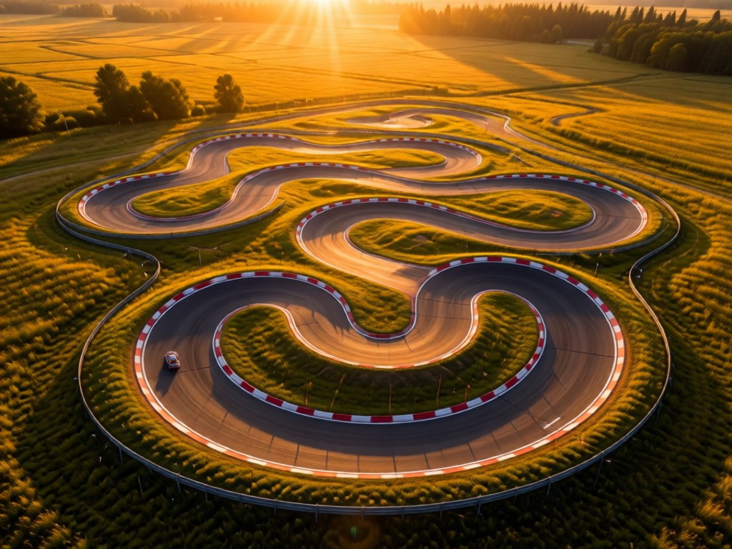 Aerial view of an intricate RC track through grassy terrain at sunset. Empty course shows winding paths. Golden light creates depth. No people.